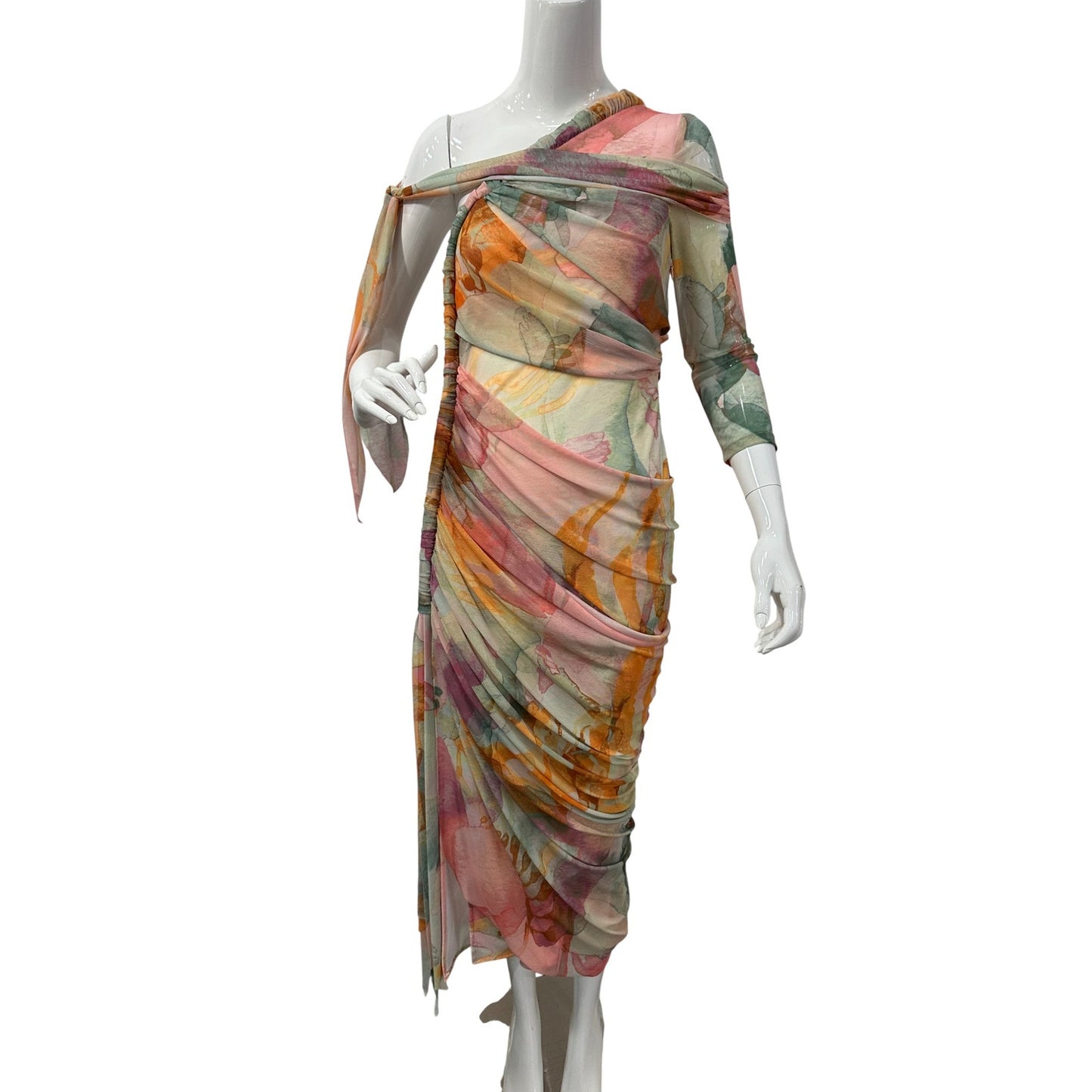 Andrea Iyamah Mesh Turi Abstract One-Shoulder Midi Dress