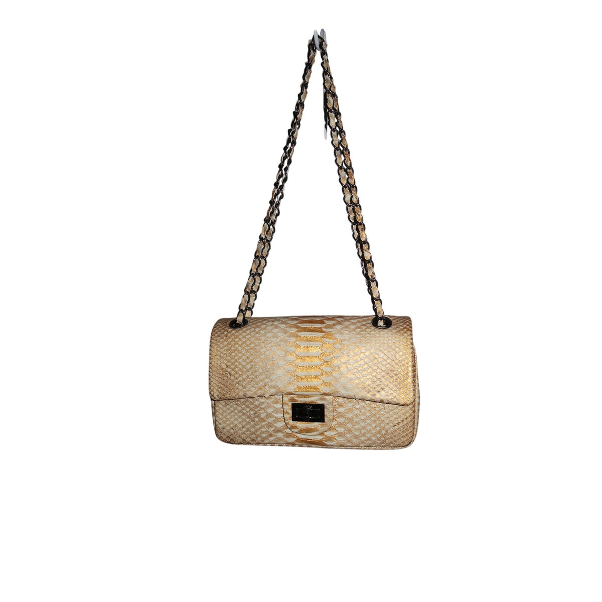 Toya Tan Gold Cream Python Snake Skin Designer Chain Shoulder Bag