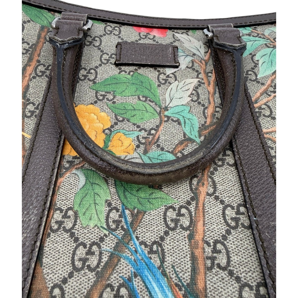 Gucci GG Supreme Tian Leather Tote Bag Ebony Brown Floral Bird Print