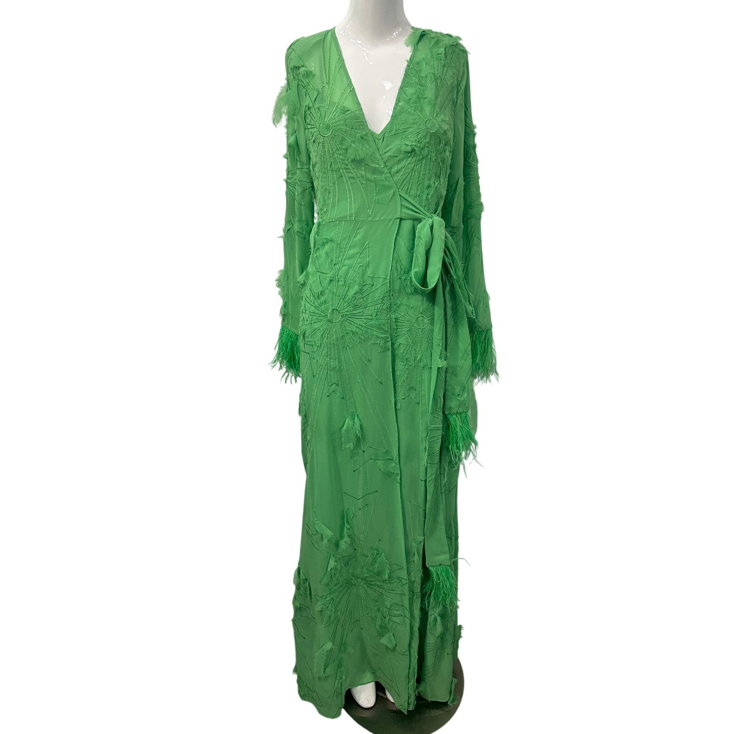 Alexis Kalin Feather Trim Long Sleeve Wrap Maxi Dress