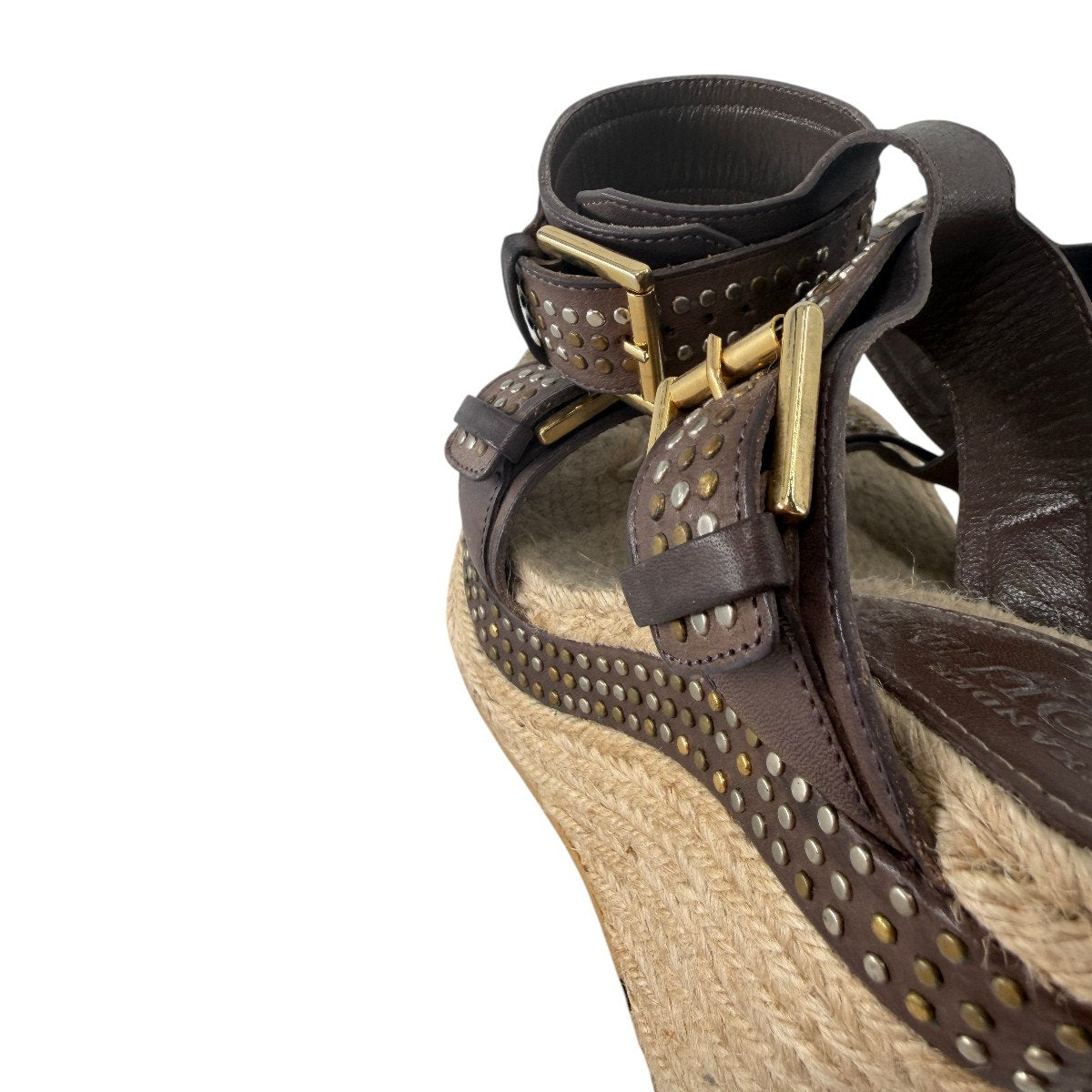 Alexander McQueen Leather Studded Platform Wedge Espadrille Brown Size 37