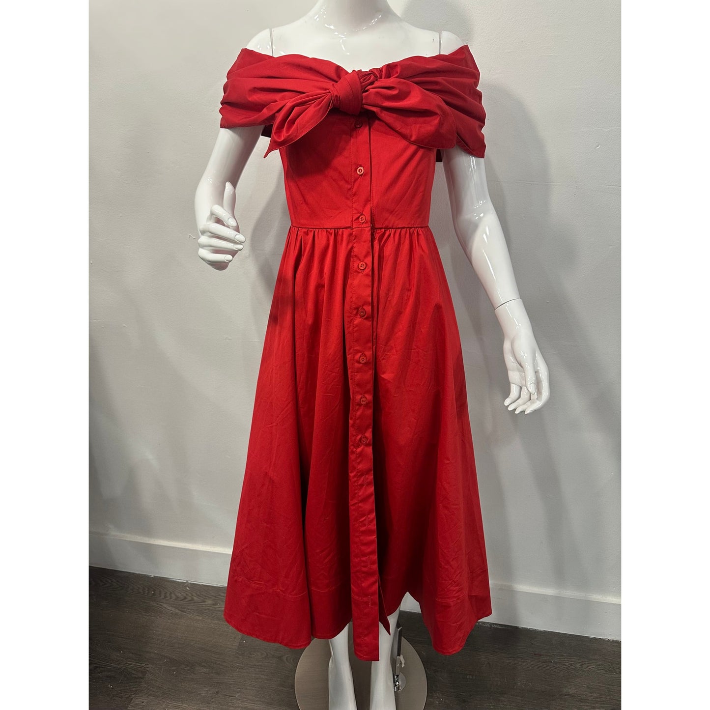Oscar De La Renta Cotton-Blend Big Bow Runaway Off-Shoulder Midi Dress