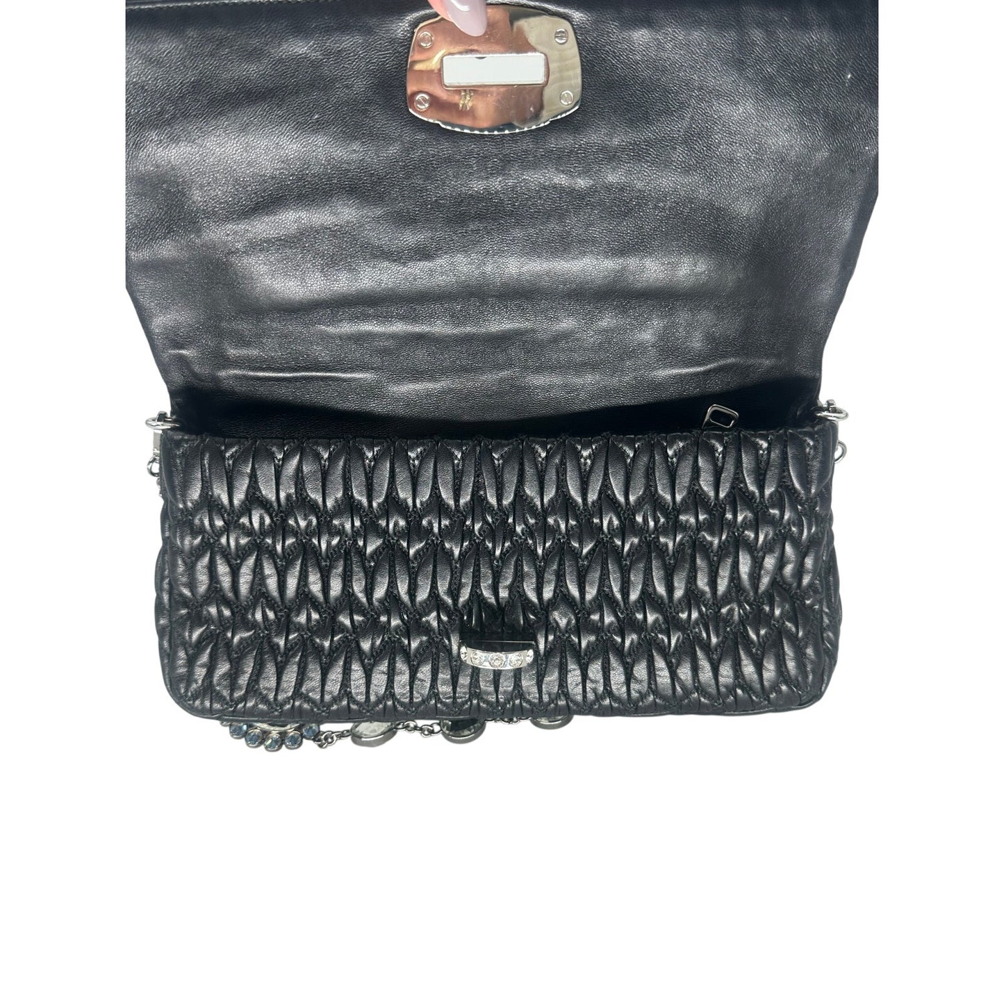 Miu Miu Leather Quilted Matelassé Crystal Shoulder Bag