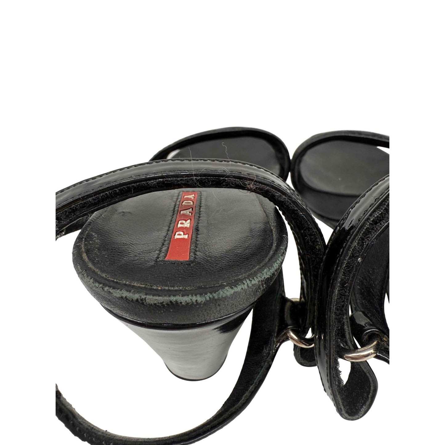 Prada Patent Leather Open Toe Ankle Strap Wedge Sandals