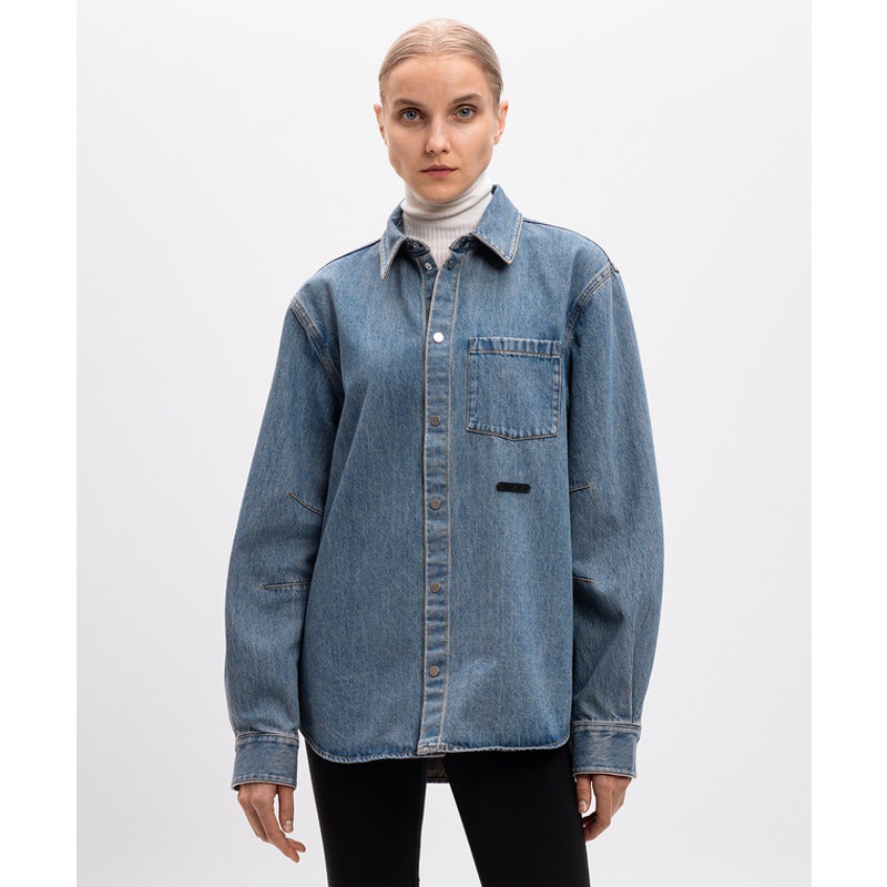Helmut Lang Cotton Denim Logo Long-Sleeve Collared Shirt