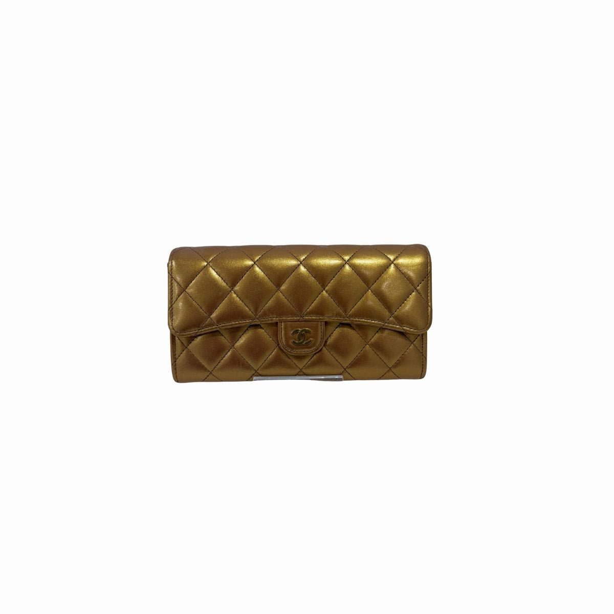 Chanel Large Gusset Flap Wallet Gold Metallic Lambskin Leather Quilted CC Logo