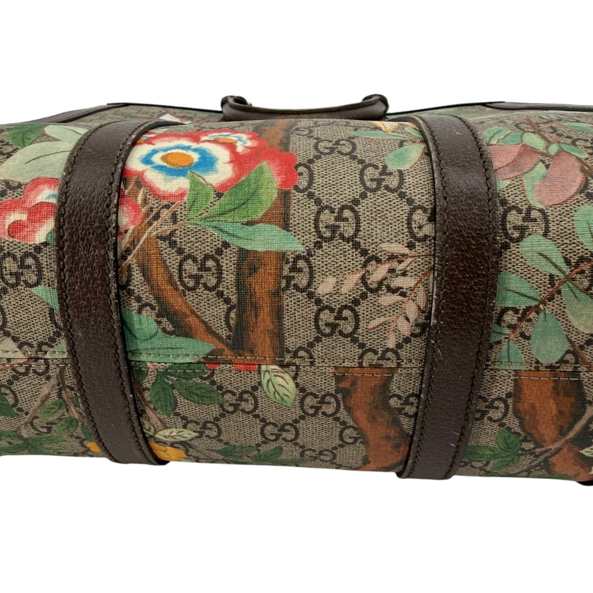 Gucci GG Supreme Tian Leather Tote Bag Ebony Brown Floral Bird Print