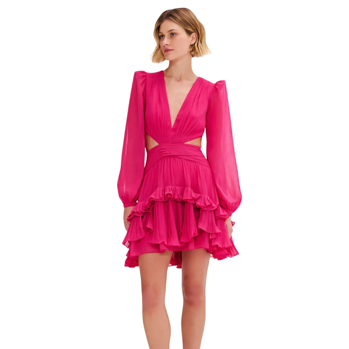 PatBO Chiffon Ruffle Cut-Out V-Neck Puff Sleeve Mini Dress