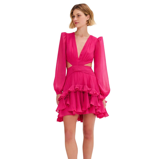 PatBO Chiffon Ruffle Cut-Out V-Neck Puff Sleeve Mini Dress