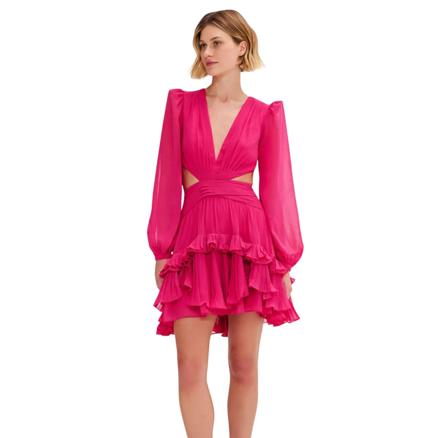 PatBO Chiffon Ruffle Cut-Out V-Neck Puff Sleeve Mini Dress