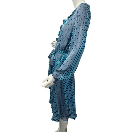 Ynonyme Long Sleeves V-Neck Ruffle Polka Dot Midi Dress Turquoise Women's Size 8