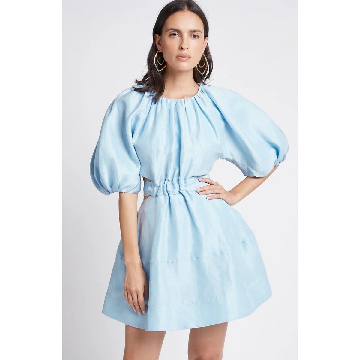 AJE Psychedelia Light Blue Puff Sleeve Cut-Out Pleated A-Line Mini Dress Size 8
