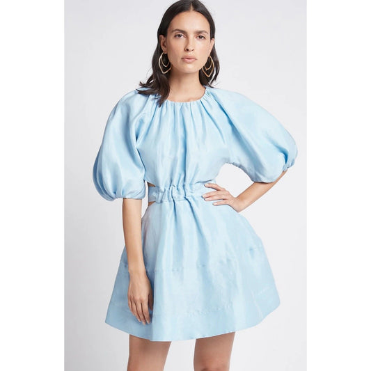 AJE Psychedelia Light Blue Puff Sleeve Cut-Out Pleated A-Line Mini Dress Size 8
