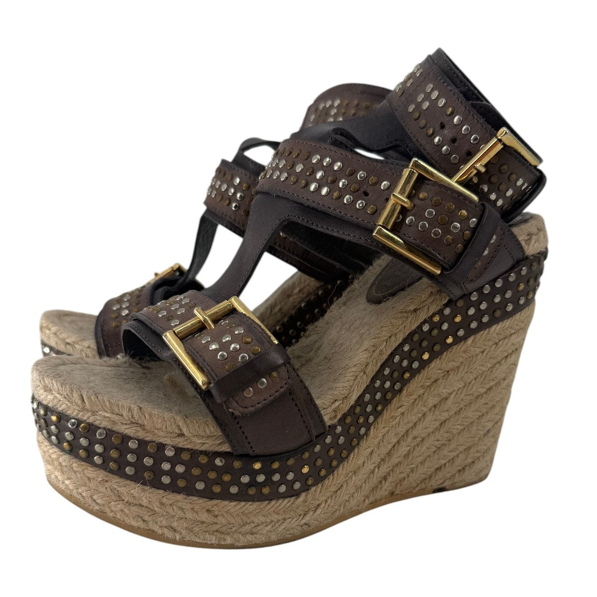 Alexander McQueen Leather Studded Platform Wedge Espadrille Brown Size 37