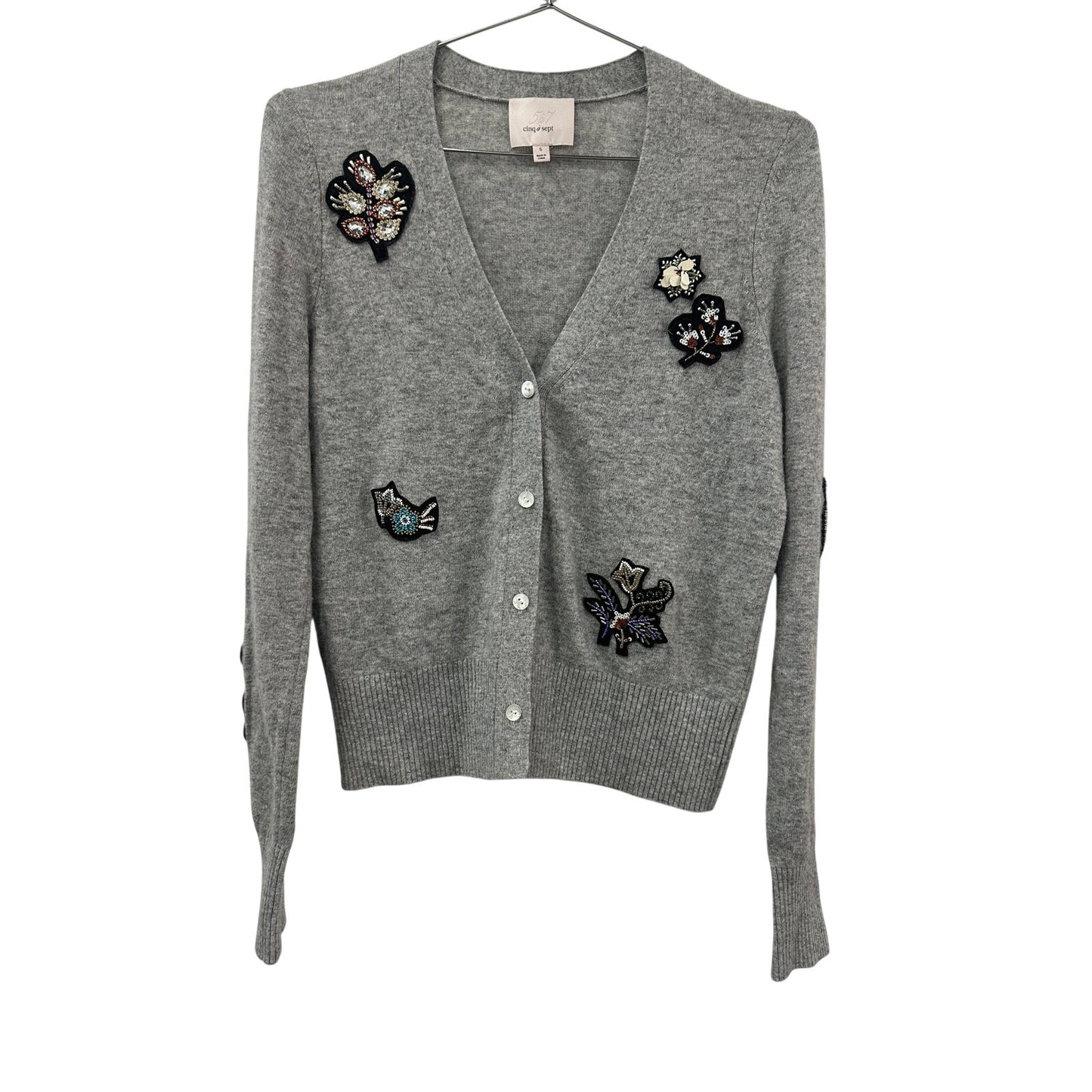 Cinq à Sept Wool V-Neck Graphic Embroidered Sweater Cardigan Gray Women's Size S