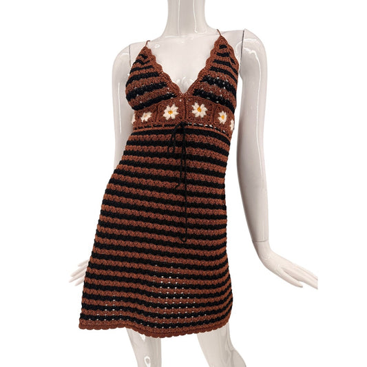 Miu Miu Cotton Floral Crochet V-Neck Mini Dress Brown Tabacco