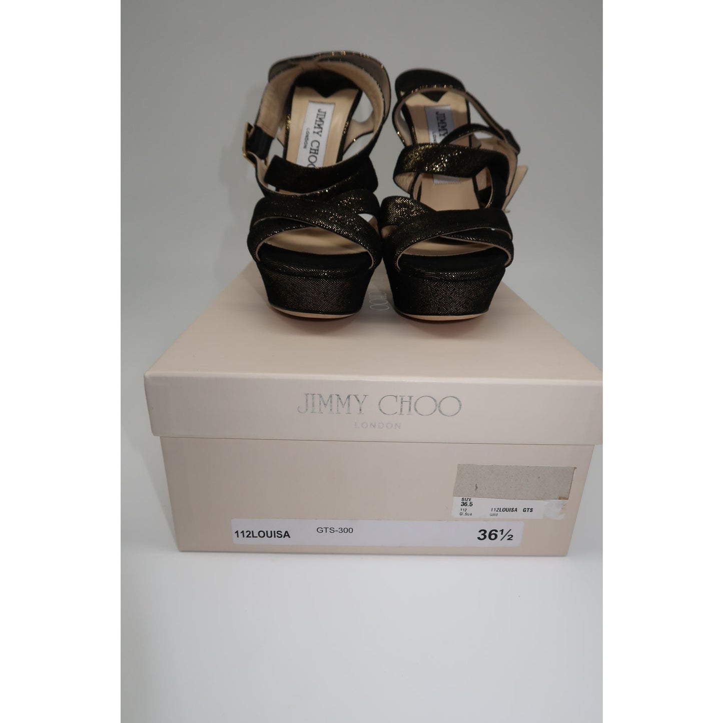 Jimmy Choo Louisa Metallic Gold Peep Toe Strappy Platform Heel Sandals Size 36.5