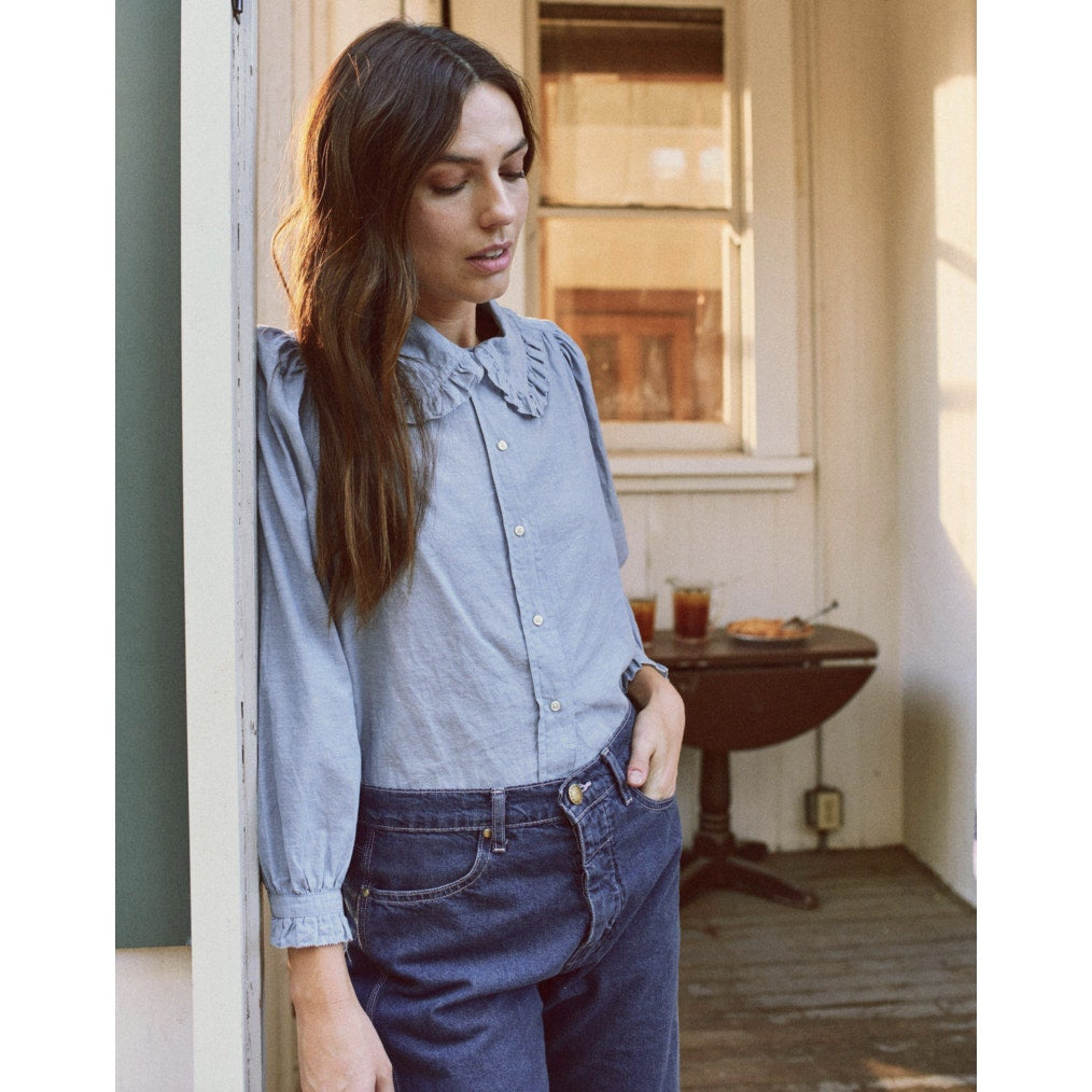 The Great Cotton Chambray Ruffled Collar Blouse Maxi Skirt