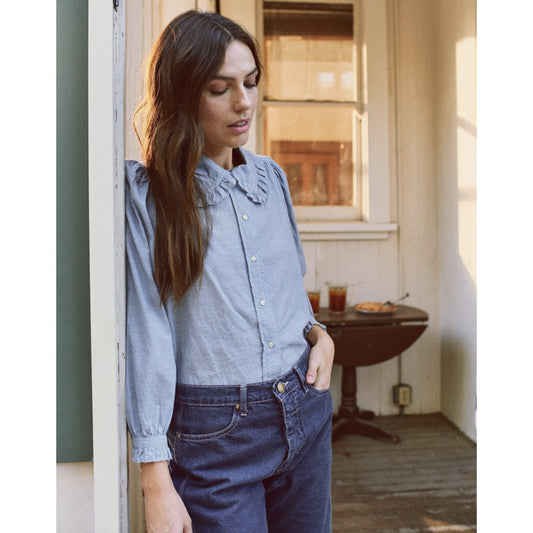The Great Cotton Chambray Ruffled Collar Blouse Maxi Skirt