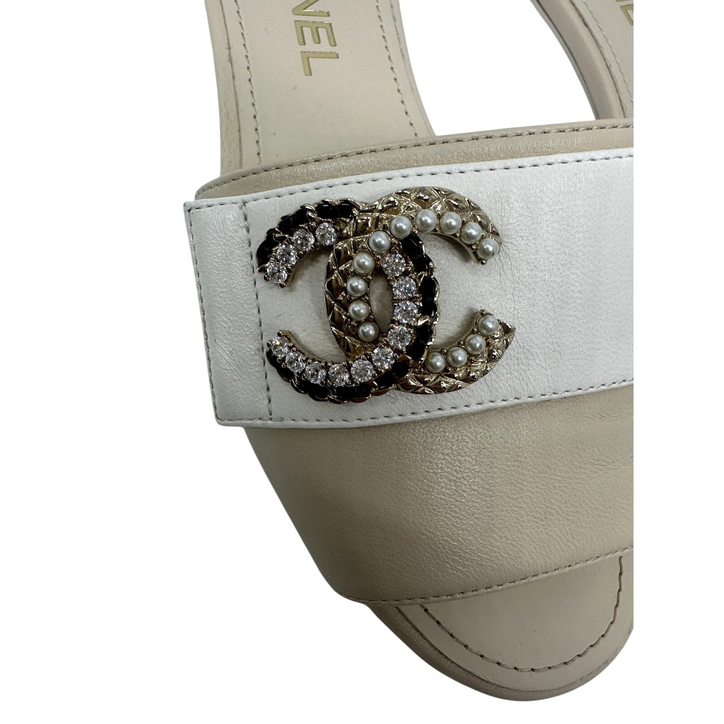 Chanel Leather Pearl Crystal CC Logo Slide Mules