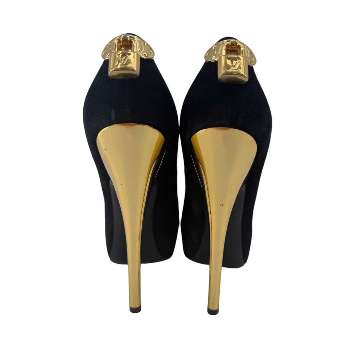 Louis Vuitton Suede Oh Really Heel Lock Peep Toe Pumps Black Women's Size 37