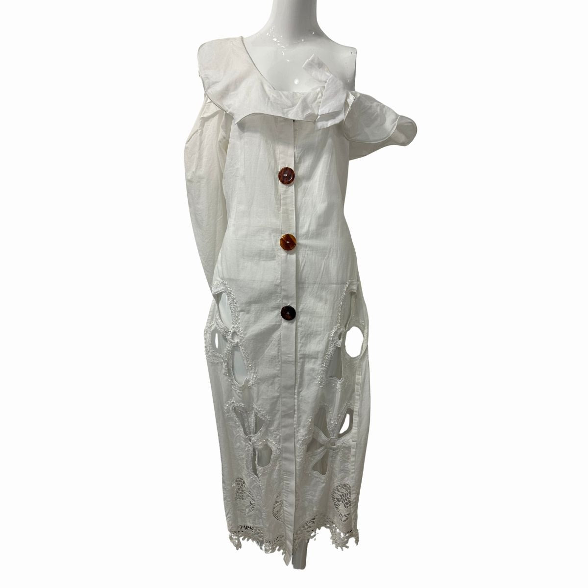 Myriam Annoyave A. Cotton Linen Embroidered Cutout Off One Shoulder Midi Dress