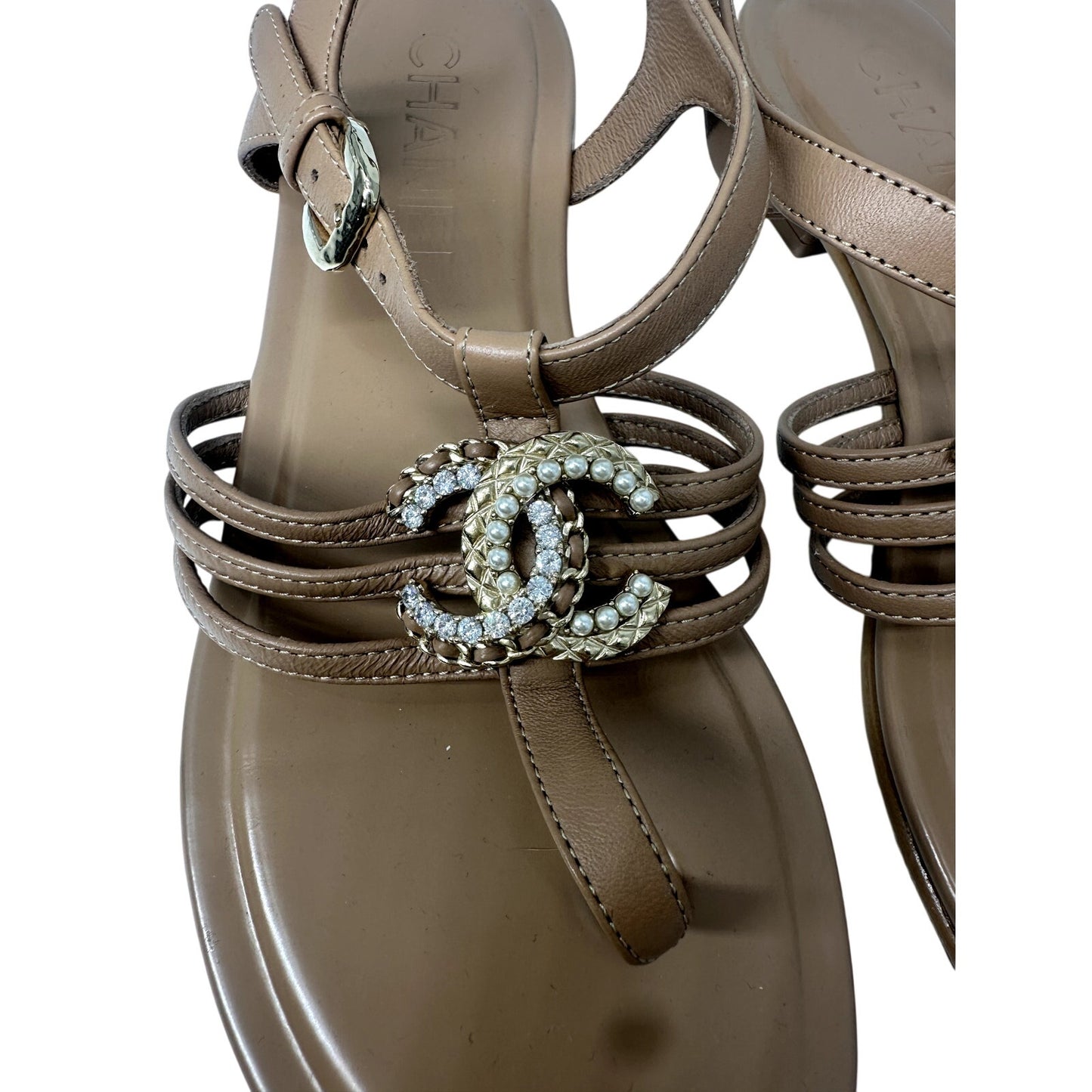 Chanel Leather Interlocking CC Logo Strappy Thong Sandals