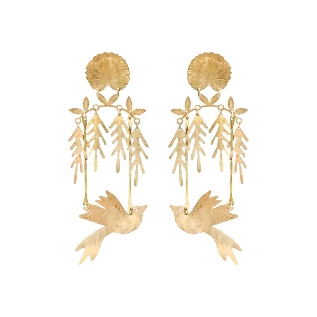We Dream in Colour Bird's Eden Brass Bird Dangle Statement Earrings Gold Tone OS