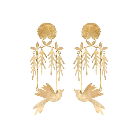 We Dream in Colour Bird's Eden Brass Bird Dangle Statement Earrings Gold Tone OS