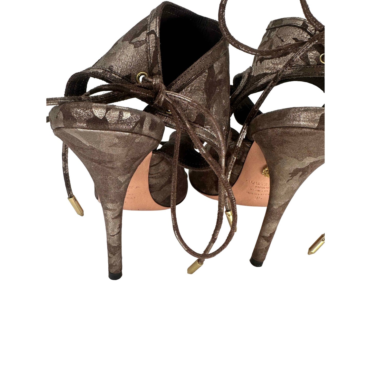 Aquazzura Sexy Thing 105 Metallic Camouflage Suede Cutout Sandal Women's Size 35