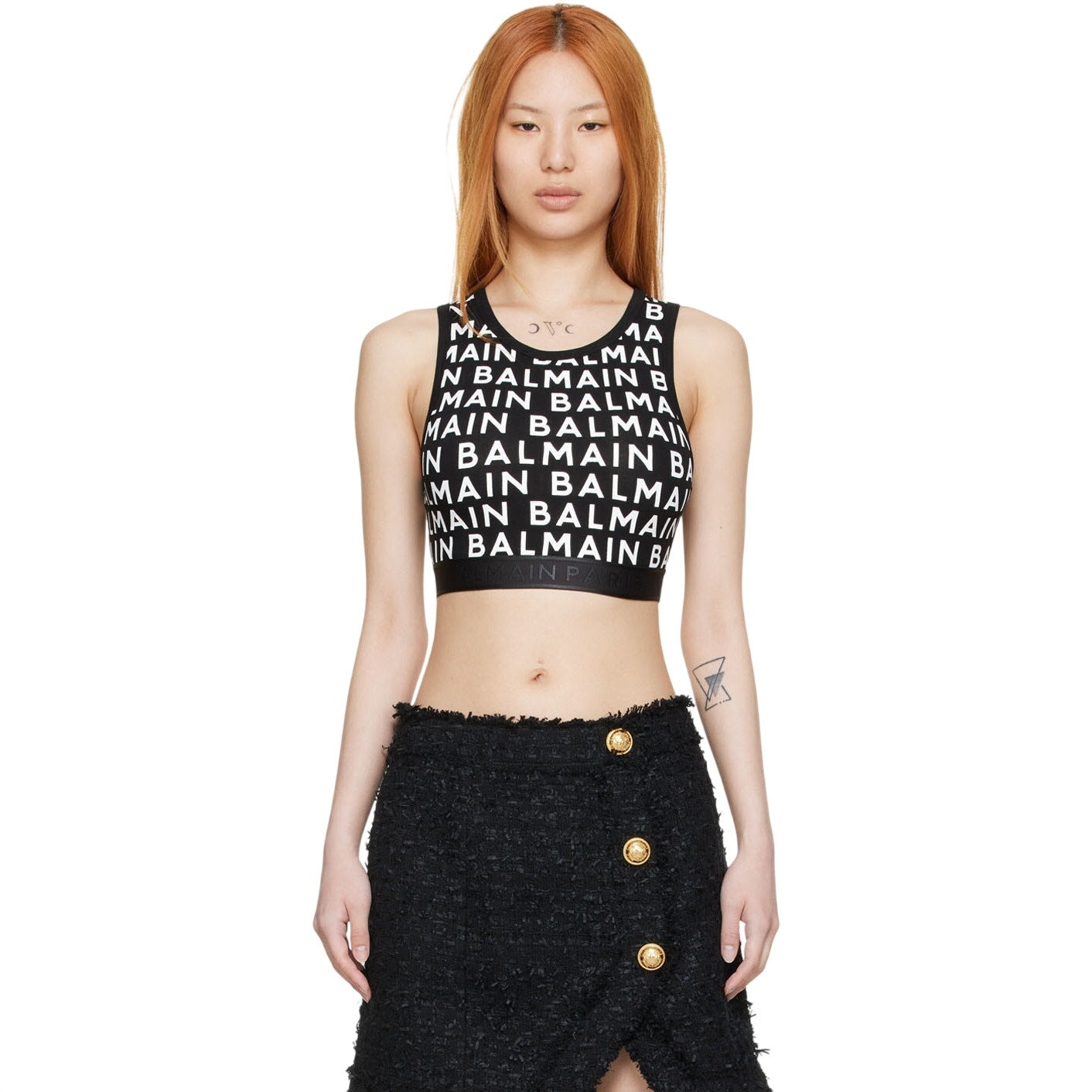 Balmain Logo Print Cotton Blend Cropped Tank Top