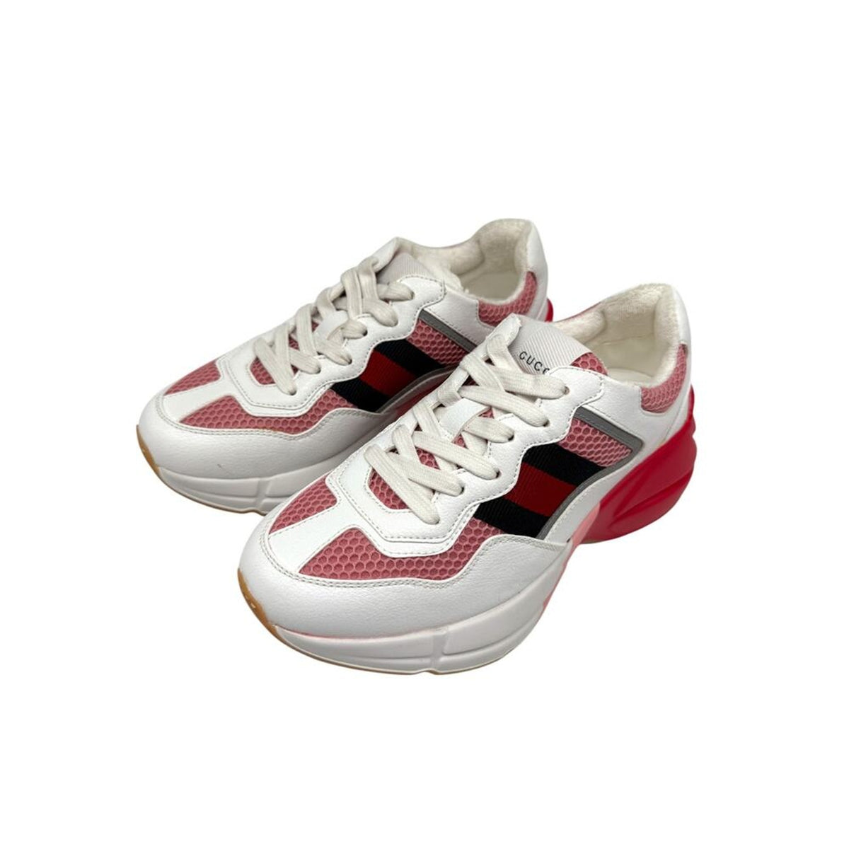 Gucci White Pink Reflective Leather Mesh Rhyton Trainer Sneakers