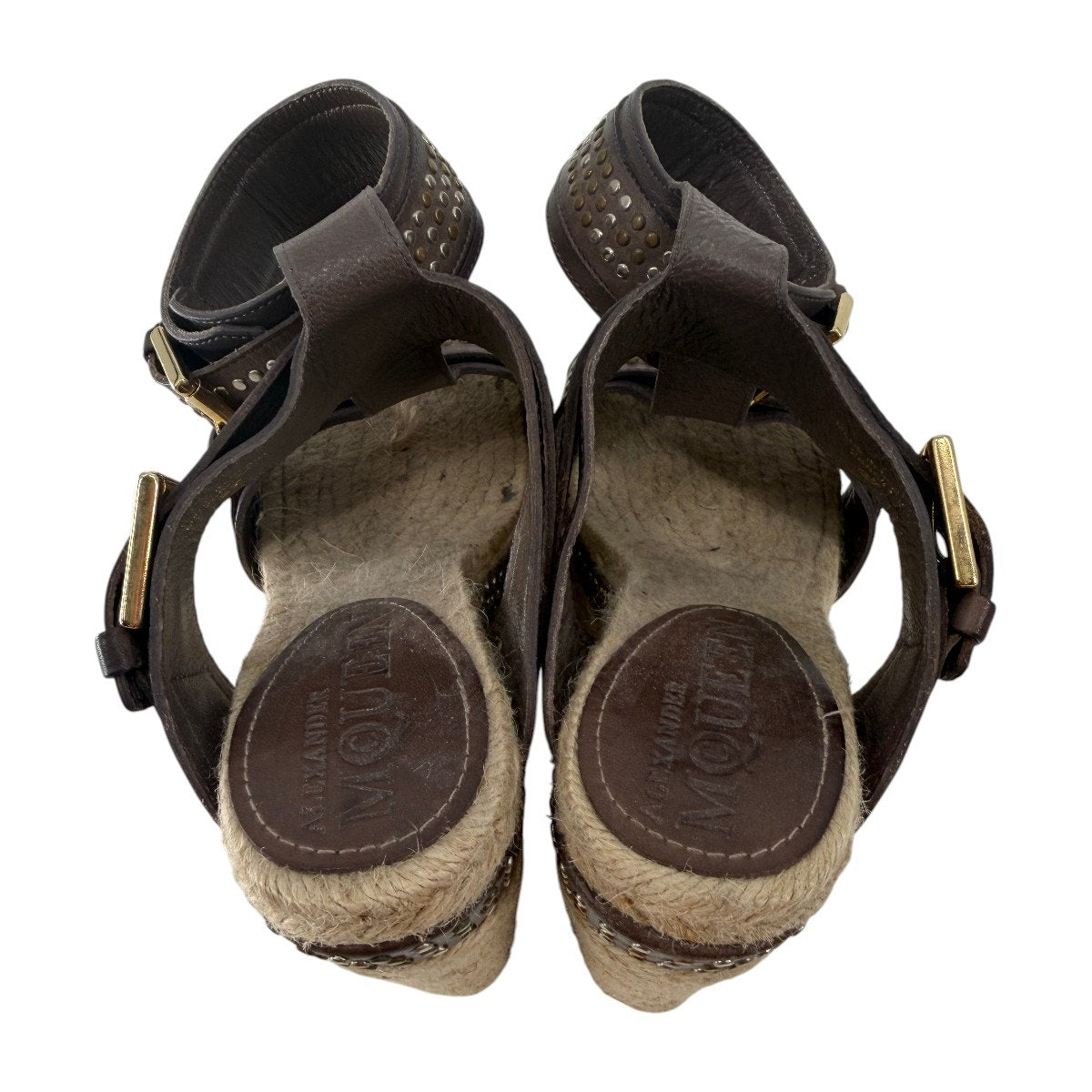 Alexander McQueen Leather Studded Platform Wedge Espadrille Brown Size 37
