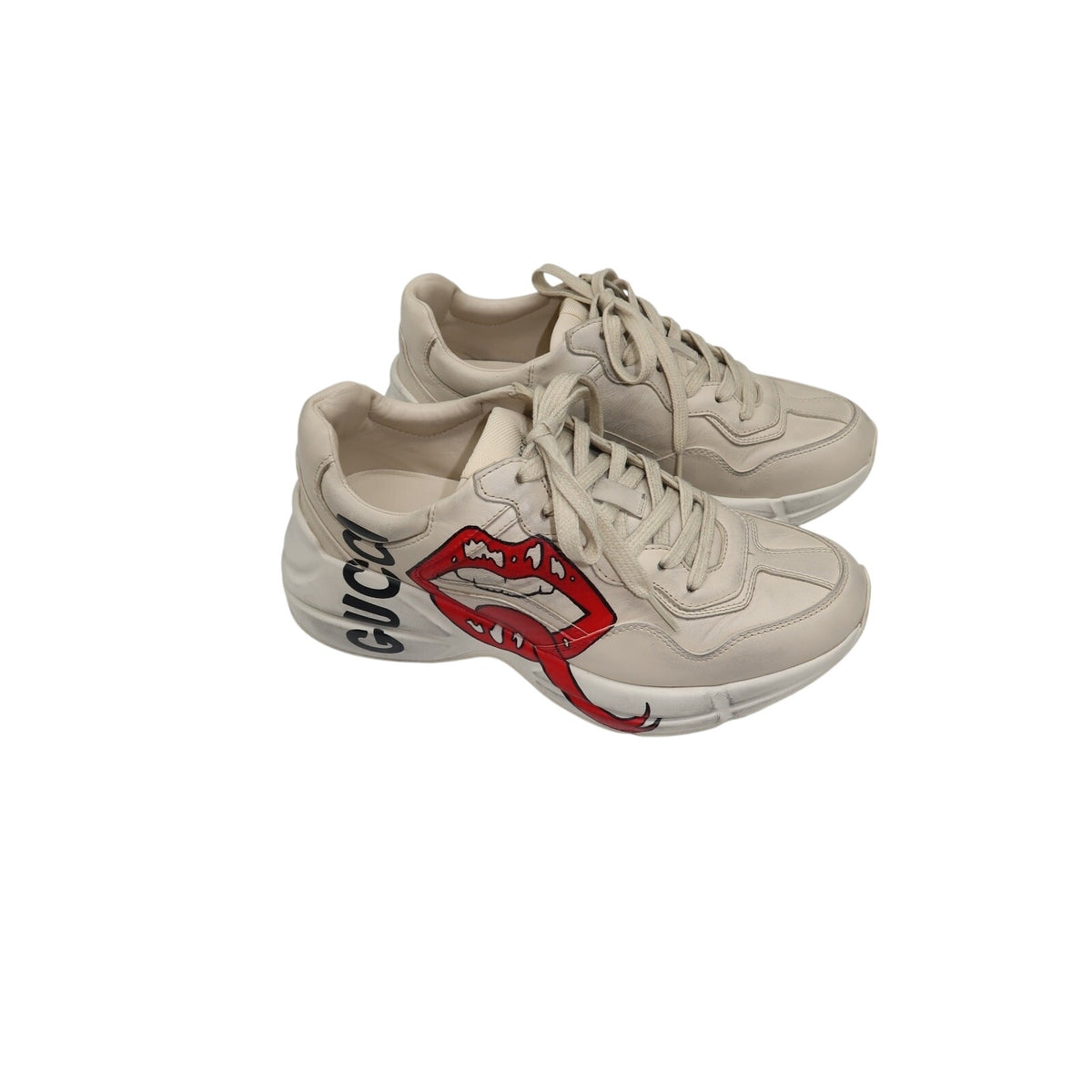 Gucci Rhyton Ivory Leather Mouth Print Lace-Up Low-Top Sneakers