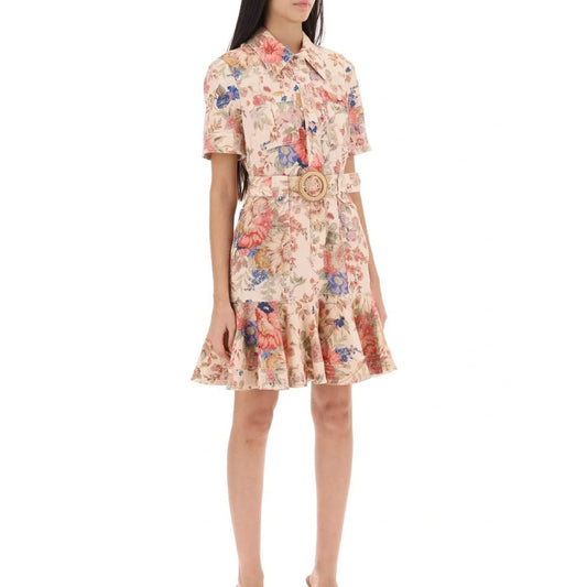 Zimmermann Blush Floral Belted Ruffle Hem Mini Dress Size 0