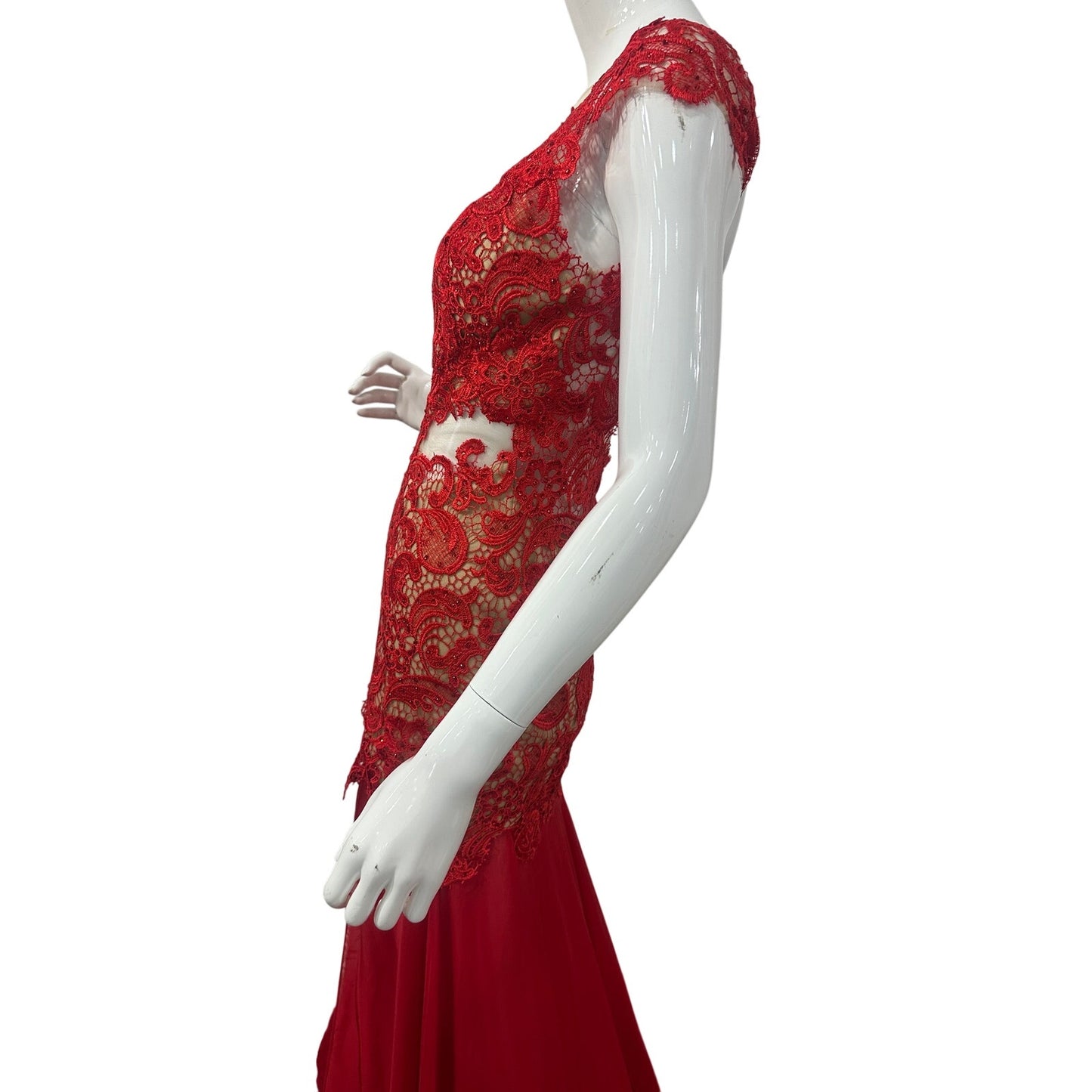 Mac Duggal Floral Lace Illusion Mermaid Evening Gown Red Women's Size 4