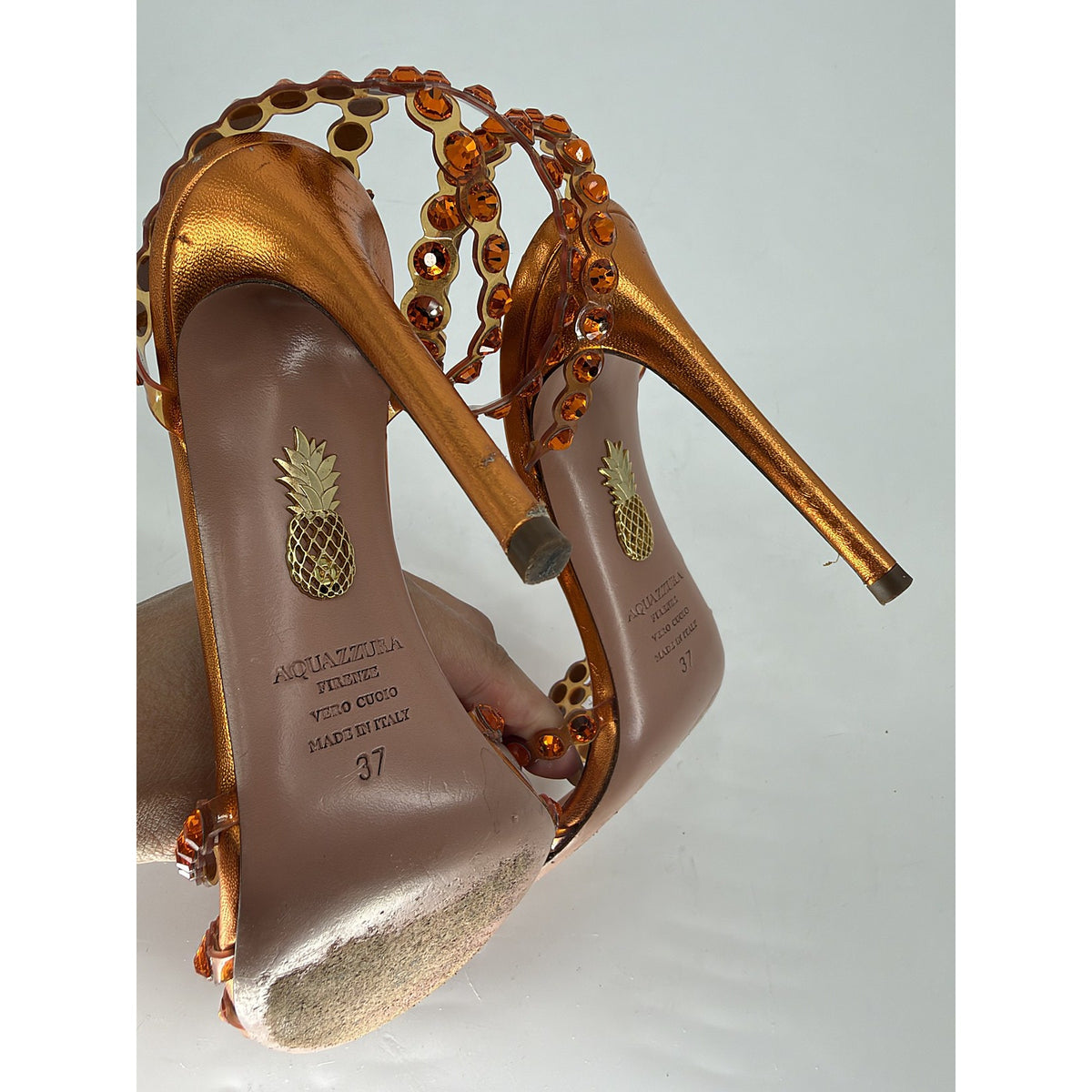 Aquazzura Tequila Plexi Crystal PVC Sandals Orange Copper Metallic Heels 37