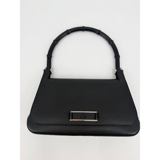 Gucci Bamboo Handle Black Pebbled Leather Shoulder Bag
