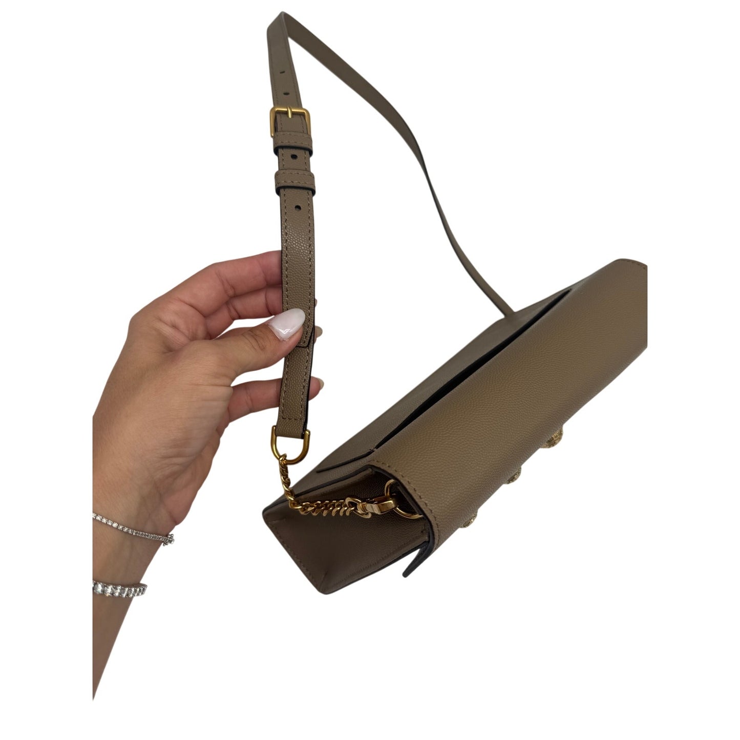 Balmain Emblème Calfskin Leather  Button Accent Shoulder Bag Taupe Brown