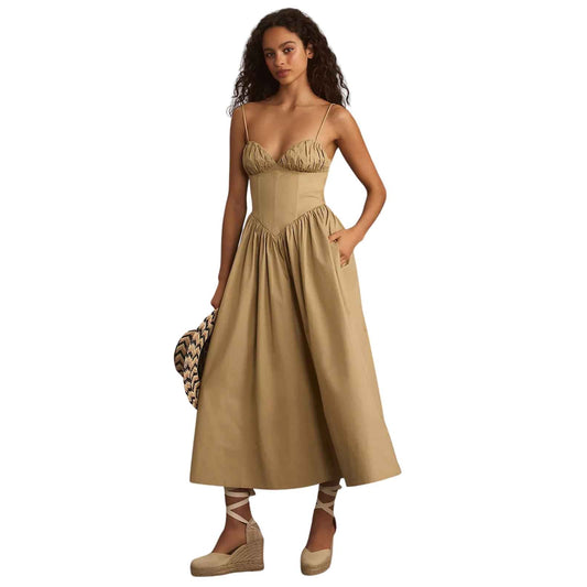 Ronny Kobo Cotton Carmine Ruched Bust Fit Flare Midi Dress Beige Women's Size XS