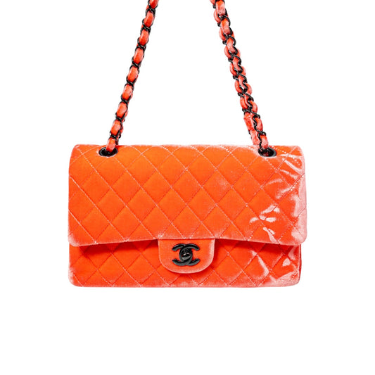 Chanel Velvet Quilted Interlocking CC Classic Flap Medium Shoulder Bag Coral