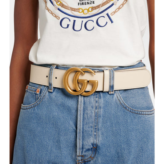 Gucci Leather Double G Marmont Gold Buckle Logo Leather Belt