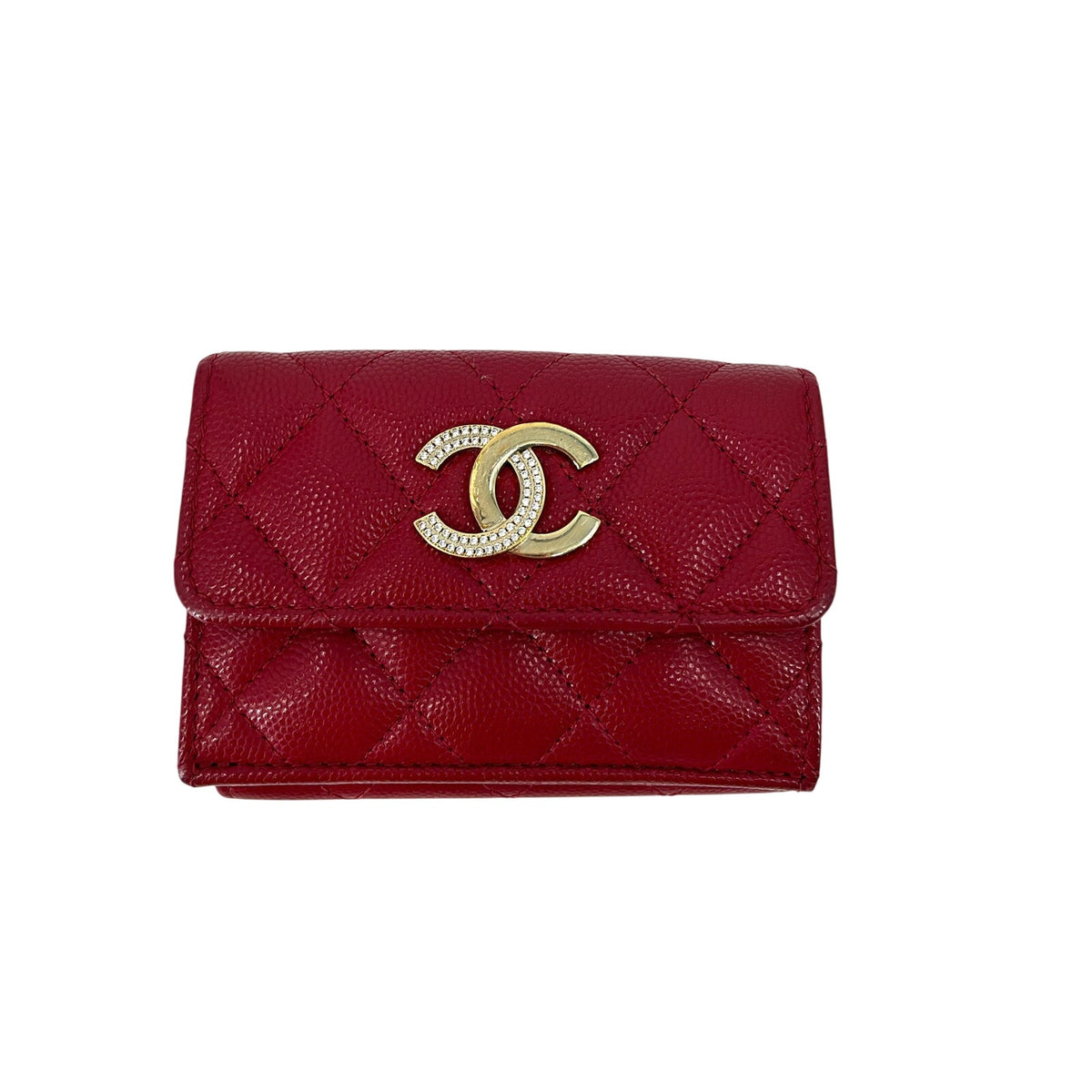 Chanel Red Caviar Quilted Compact Flap Wallet Crystal CC Gold Hardware