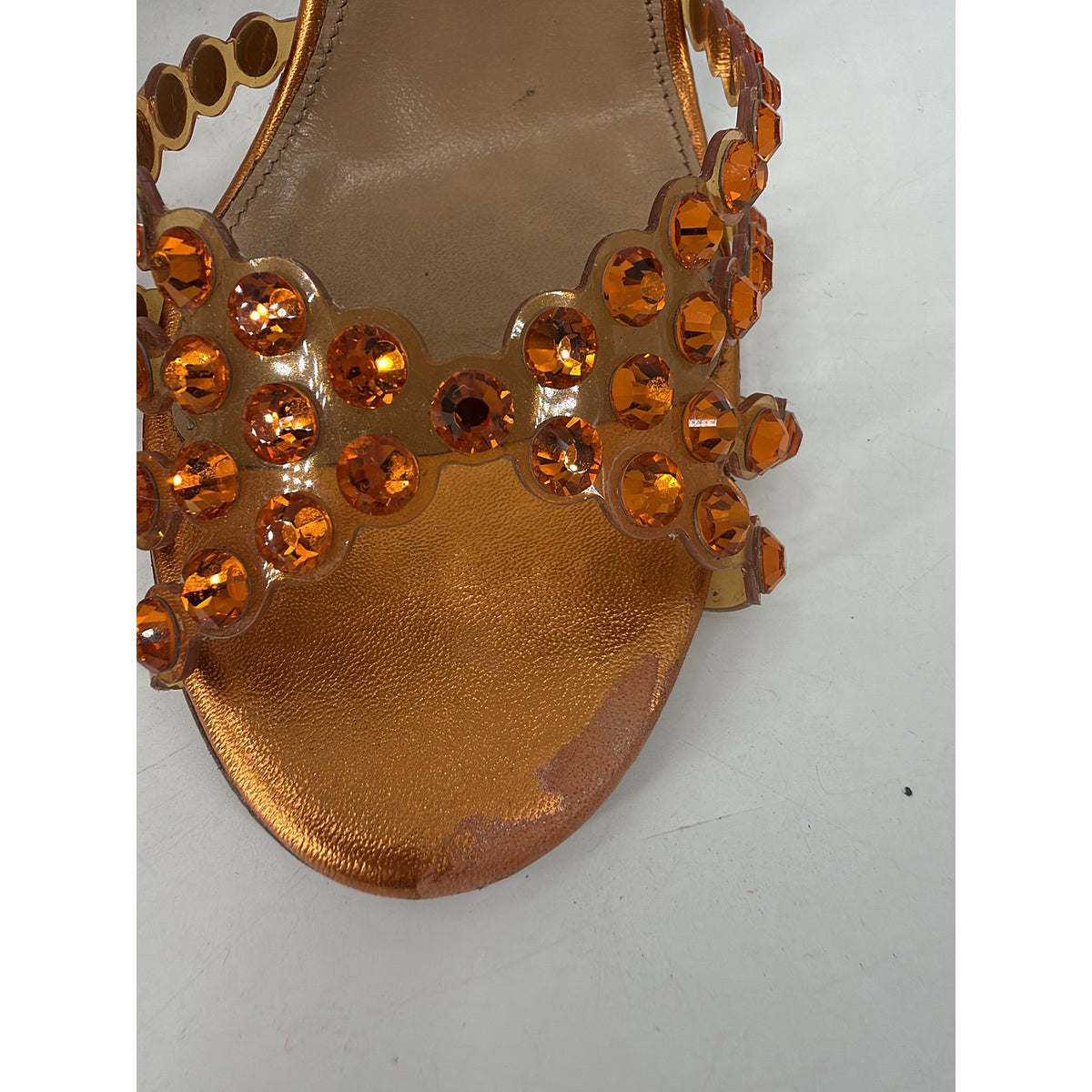 Aquazzura Tequila Plexi Crystal PVC Sandals Orange Copper Metallic Heels 37