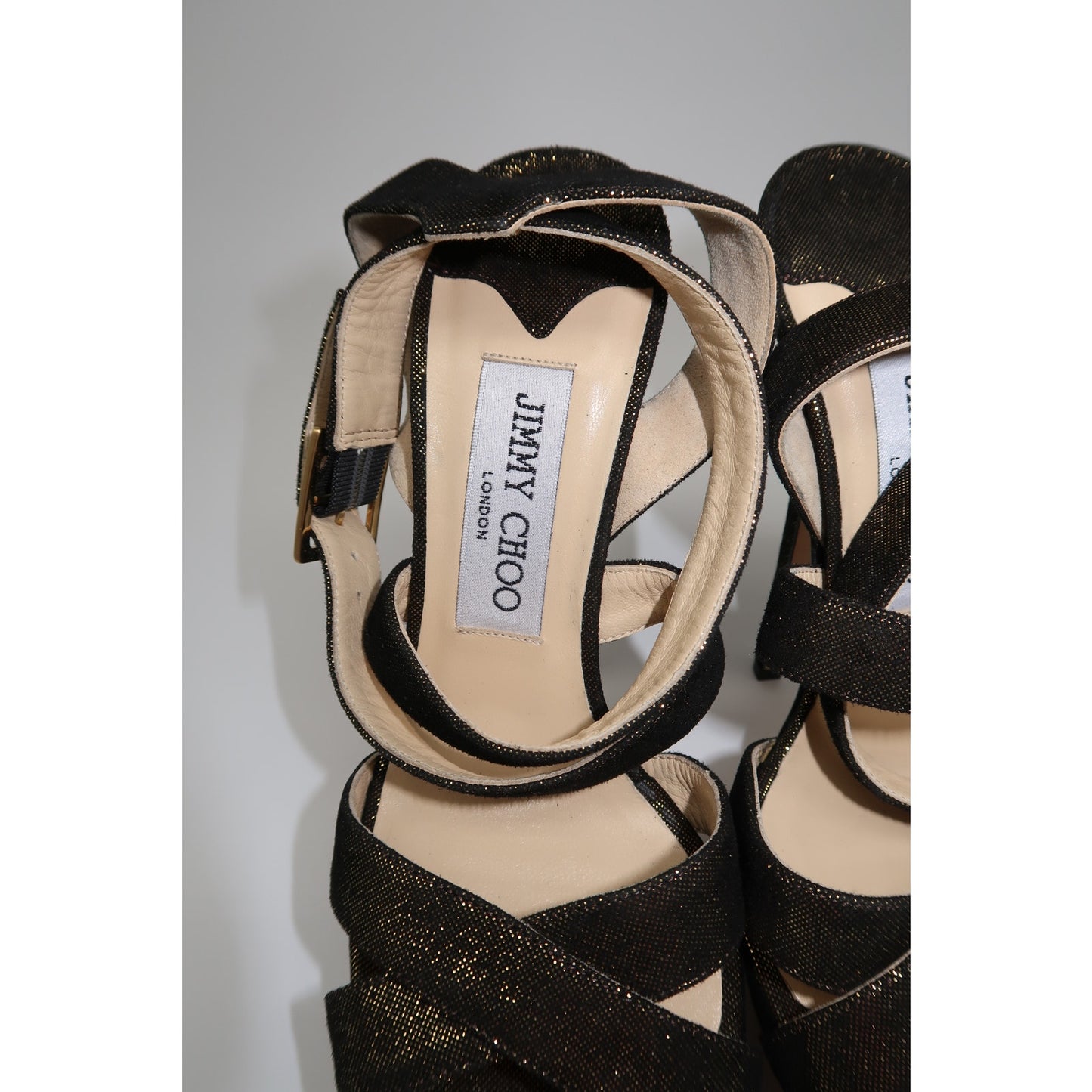 Jimmy Choo Louisa Metallic Gold Peep Toe Strappy Platform Heel Sandals Size 36.5