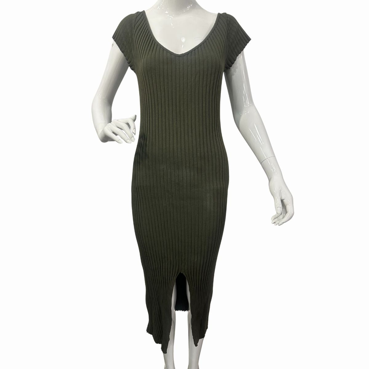 Enza Costa Cotton Knit V-Neck Cap Sleeve Slit Midi Dress