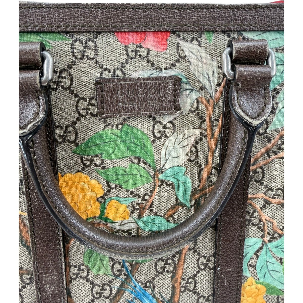 Gucci GG Supreme Tian Leather Tote Bag Ebony Brown Floral Bird Print