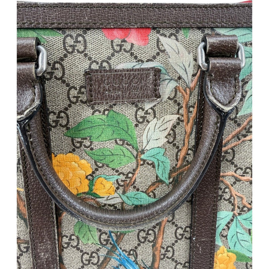 Gucci GG Supreme Tian Leather Tote Bag Ebony Brown Floral Bird Print