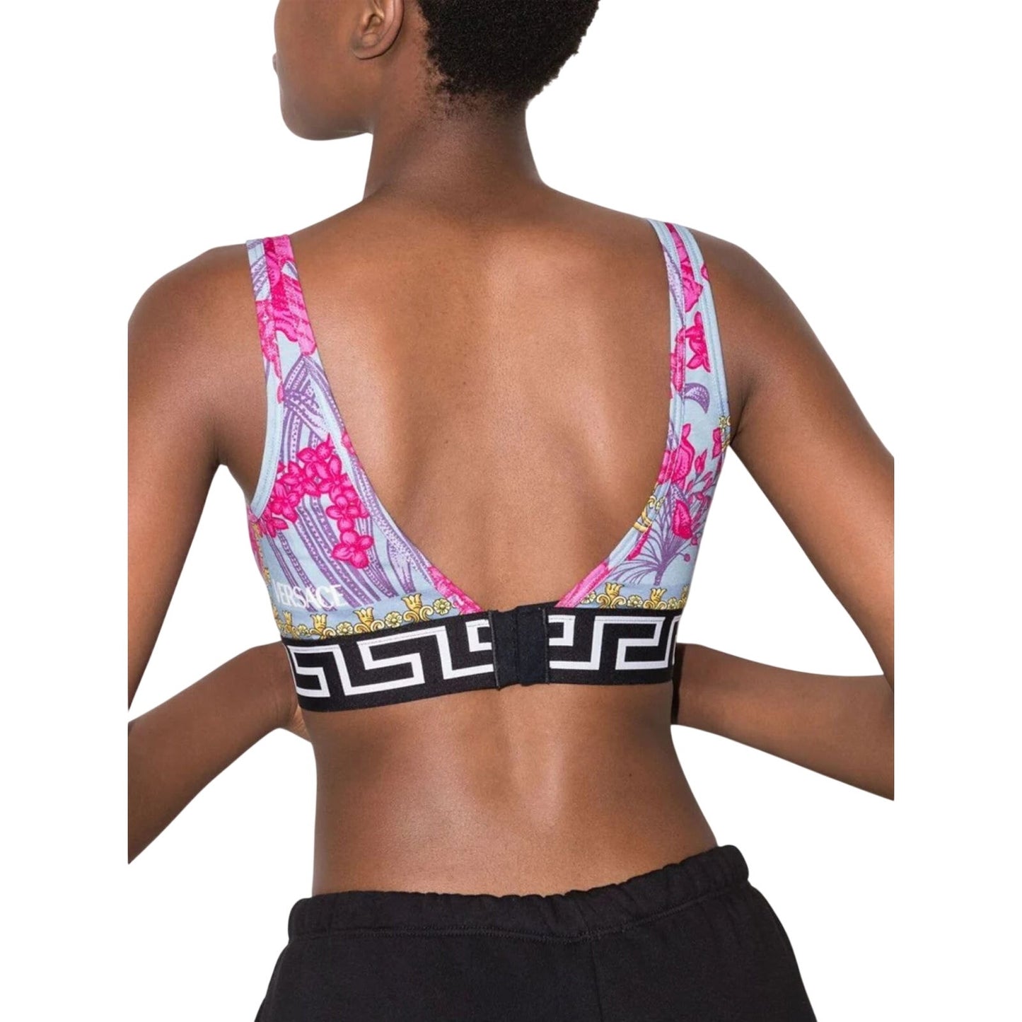Versace Floral Print Greca Band V-Neck Sports Bra