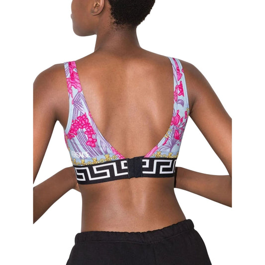 Versace Floral Print Greca Band V-Neck Sports Bra